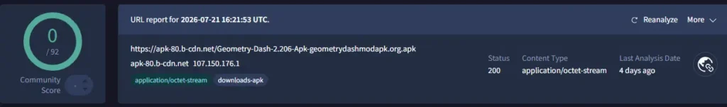 virus total scan summary - geometry dash apk